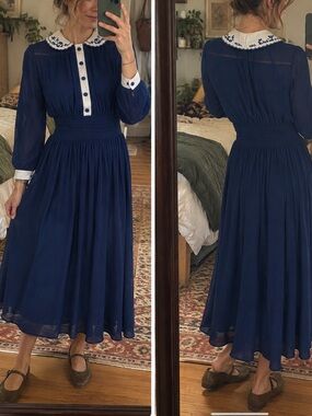 VINTAGE KAY WINDSOR 1950s-1960s Collared Embroidered Button Smock Waist Dress